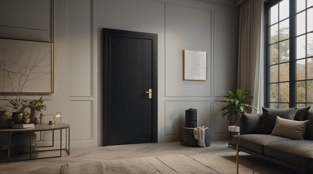 A black timber internal door with gold hardware, set in an elegant, neutral-toned interior featuring panelled walls and modern furnishings. This design highlights sophistication and complements contemporary décor themes.