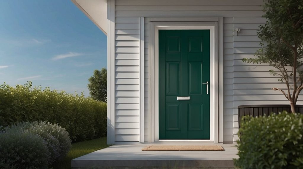 A British racing green timber external door with a panelled design, polished handle, and letterbox, framed by a white-clad exterior and lush greenery. The door complements traditional and modern home aesthetics, focusing on natural tones and inviting design.