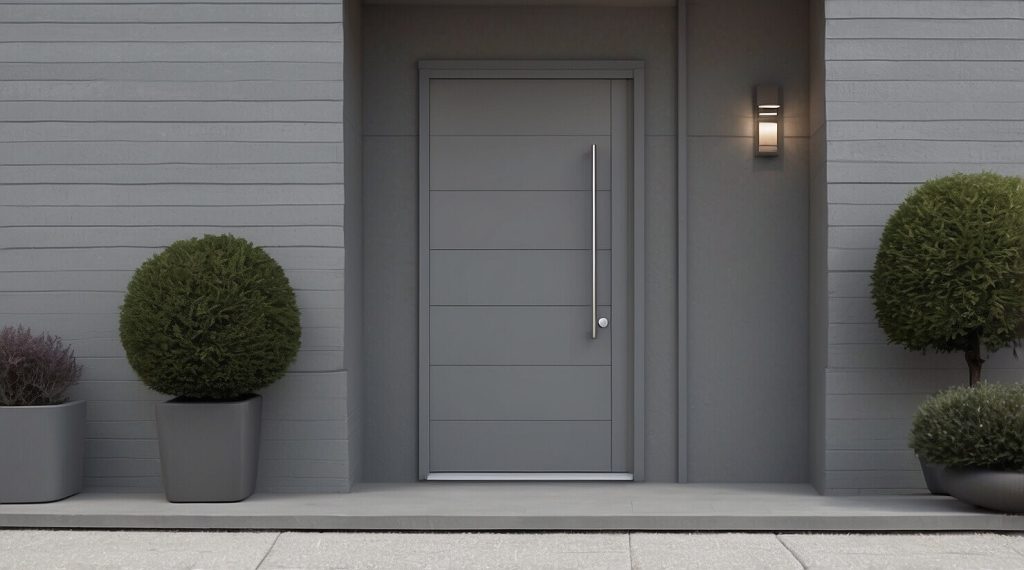 A grey external timber door with horizontal panels and a brushed metal vertical handle, set within a sleek grey facade with potted topiary and minimalist lighting. The image complements content on modern home entrance designs and minimalist aesthetics.