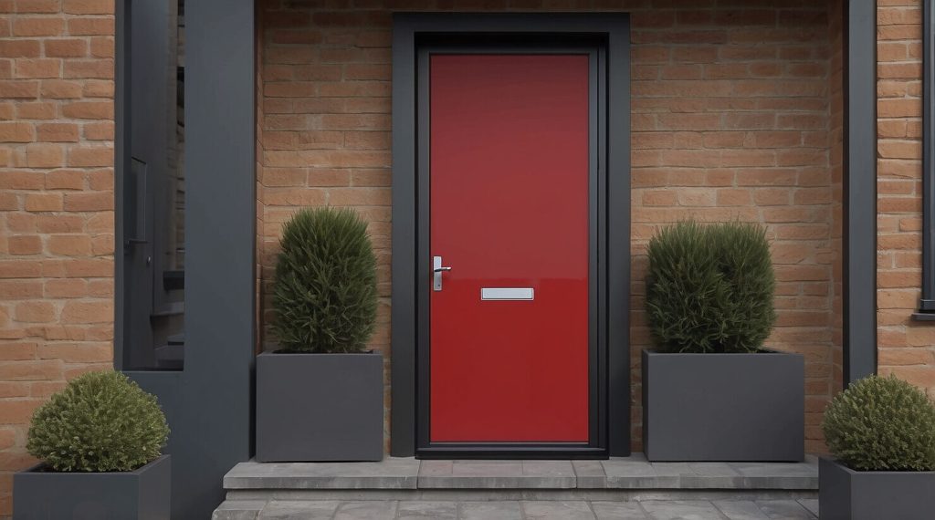 A red timber external door with a minimalist design, framed in dark grey and set within a modern brick facade, with symmetrical planters flanking the entrance. The image complements content focused on bold, contemporary home entrances.