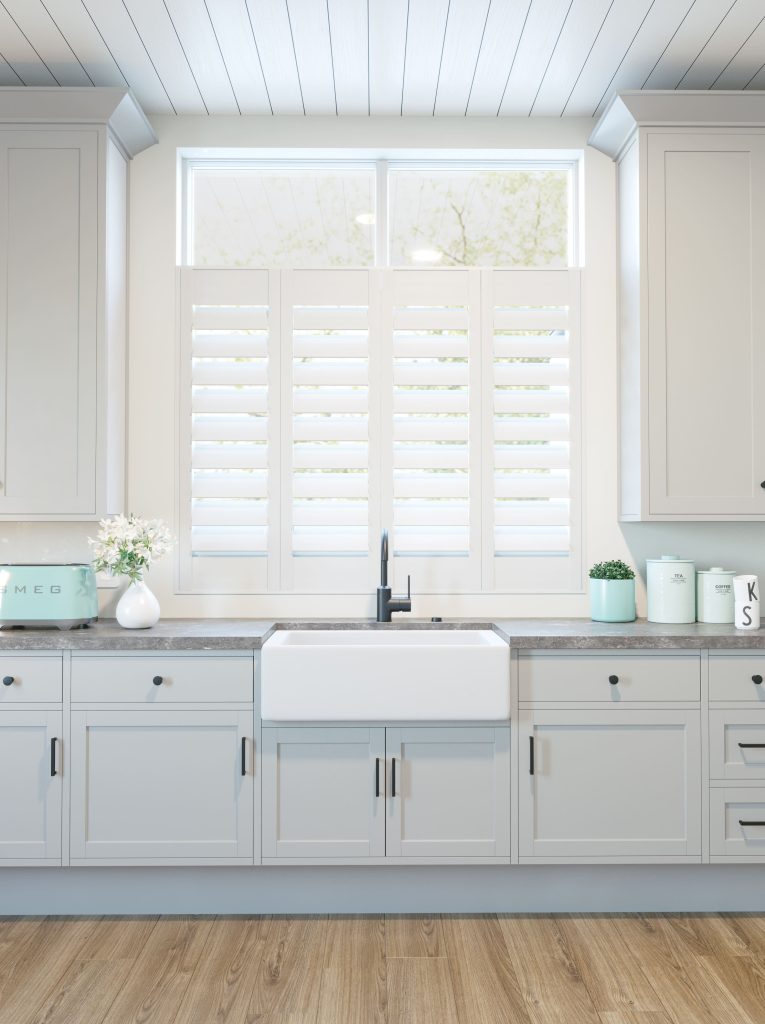 Faux wood shutters in kitchen 