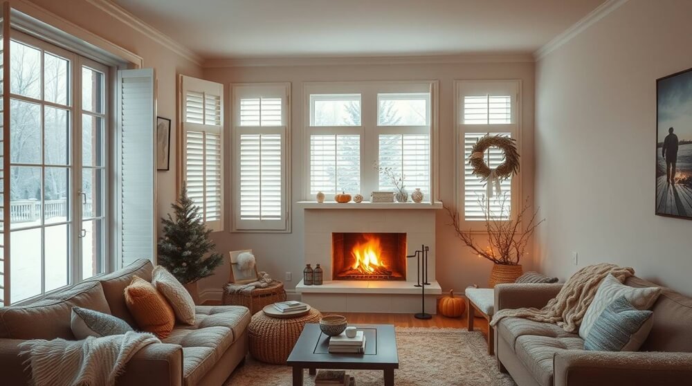 A modern living room with energy-efficient shutters, a cosy fireplace, and snow visible through the windows. The image demonstrates how shutters can provide insulation and enhance comfort during the winter season, aligning with content about energy efficiency.