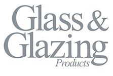 Grey monochrome logo for Glass & Glazing Products featuring elegant serif typography, representing a leading industry publication in the glazing sector.