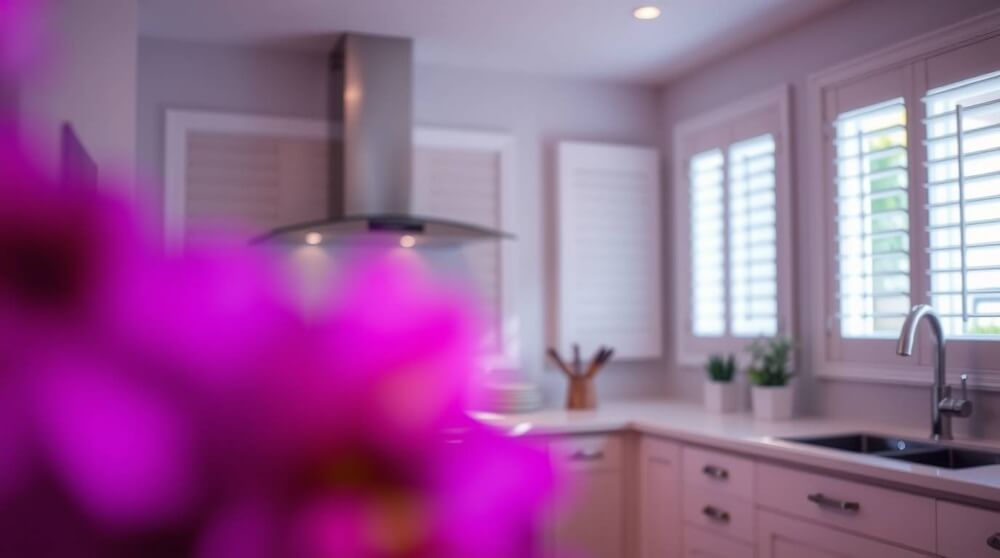 A bright and modern kitchen with white energy-efficient shutters on the windows. The shutters allow soft natural light to filter in, showcasing how they improve insulation and complement interior design.