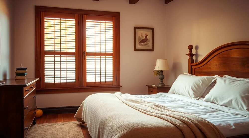 A cosy rustic bedroom featuring energy-efficient wooden shutters on a large window, complementing the warm wooden furniture and autumn decor. The shutters provide insulation and a stylish solution for temperature control, aligning with content on energy efficiency.